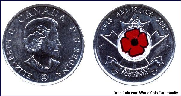 Canada, 25 cents, 2008, 1918-2008, Armistice, Poppy-seed Remember Souvenir, Color coin.                                                                                                                                                                                                                                                                                                                                                                                                                             