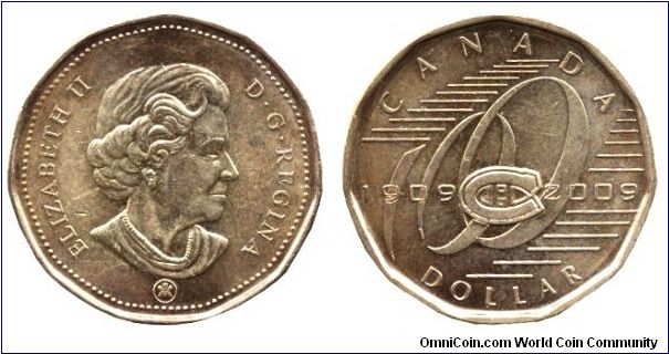 Canada, 1 dollar, 2009, 1909-2009, Montreal Canadians 100 years, Queen Elizabeth II.                                                                                                                                                                                                                                                                                                                                                                                                                                