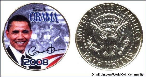 USA, 1/2 dollar, 2008, 24KT Gold Layered 2008 JFK Half Dollar, Part of Barack Obama Coin Collection, New England Mint, Color coin.                                                                                                                                                                                                                                                                                                                                                                                  