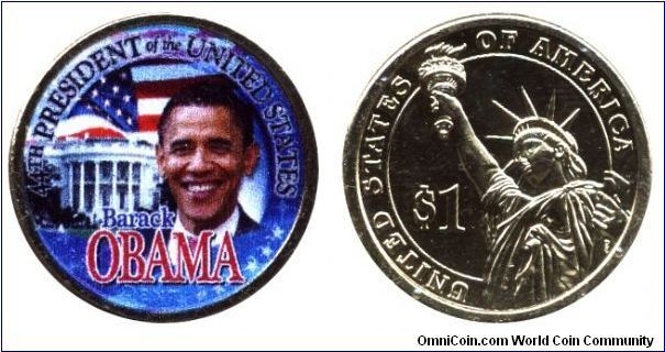 USA, 1 dollar, 2008, 24KT Gold Layered 2008 Inaugural Presidential Dollar, Part of Barack Obama Coin Collection, Color coin.                                                                                                                                                                                                                                                                                                                                                                                        