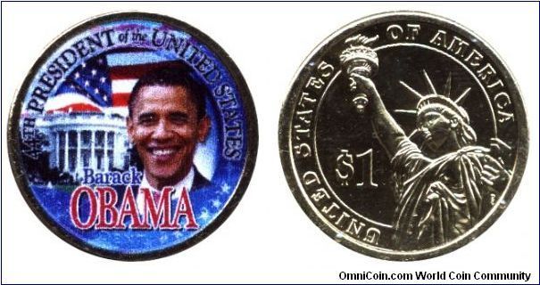 USA, 1 dollar, 2008, 24KT Gold Layered 2008 Inaugural Presidential Dollar, Part of Barack Obama Coin Collection, Color coin.                                                                                                                                                                                                                                                                                                                                                                                        