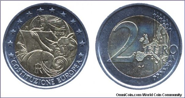Italy, 2 euros, 2005, Cu-Ni-Ni-Brass, 25.75mm, 8.5g, bi-metallic, Constituzione Europea.                                                                                                                                                                                                                                                                                                                                                                                                                            