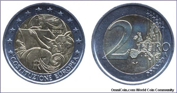 Italy, 2 euros, 2005, Cu-Ni-Ni-Brass, 25.75mm, 8.5g, bi-metallic, Constituzione Europea.                                                                                                                                                                                                                                                                                                                                                                                                                            