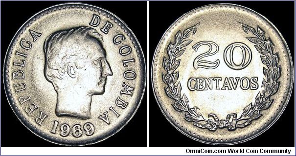 Colombia - 20 Centavos - 1969 - Weight 4,5 gr - Nickel Clad Steel - Size 23,3 mm - President / Carlos Lieras Restrepo - Obverse / Head of Santander - Mintage 22 470 000 - Edge : Reeded - Reference KM# 227