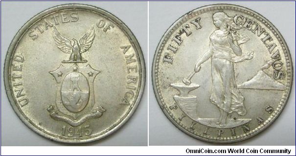 1945-S silver 50C (Decimal) US Admin. Rim nick.