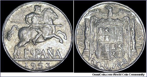 Spain - 10 Centimos - 1953 - Weight 1,9 gr - Aluminum - Size 23 mm - Ruler / Francisco Franco - Mintage 865 850 000 - Edge : Reeded - Reference KM# 766 (1940-53)