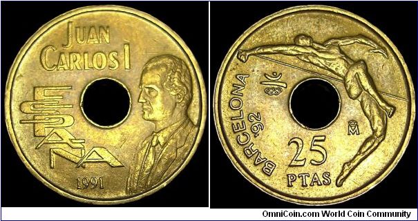 Spain - 25 Pesetas - 1991 - Weight 4,2 gr - Nickel / Bronze - Size 19,5 mm - Regent / Juan Carlos I - Mintage 87 000 000 - Edge : Plain - Reference KM# 851