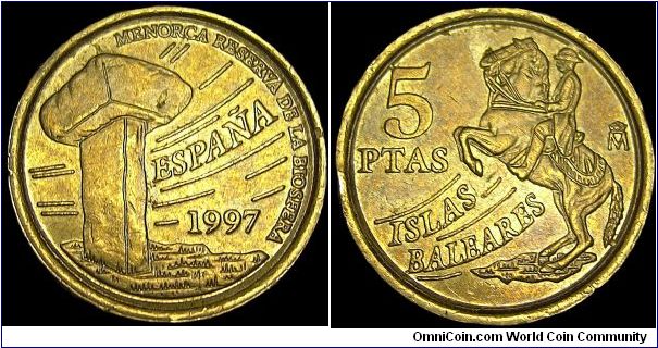 Spain - 5 Pesetas - 1997 - Weight 3 gr - Brass - Size 17,5 mm - Regent / Juan Carlos I - Subject / Balearic Islands - Mintage 709 006 000 - Edge : Plain - Reference KM# 981