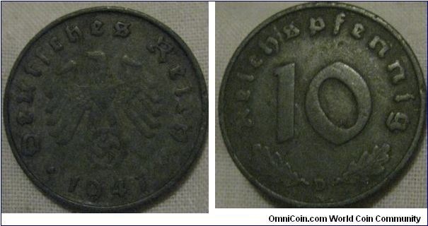 1941 D 10 pfennig.