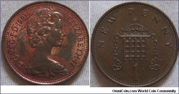 1981 penny, odd red lustre on obverse