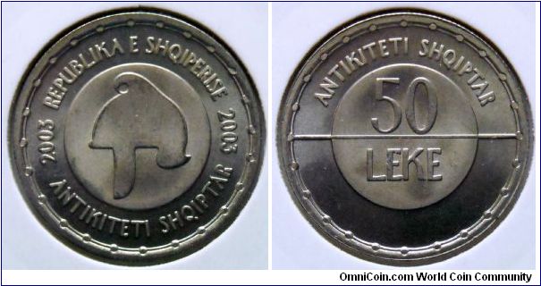 50 leke.
2003, Albanian Antiquity. Illyrian Helmet.
Cu-ni. Weight 5,5g.
Diameter 24,25mm.
Mintage 200.000 units.