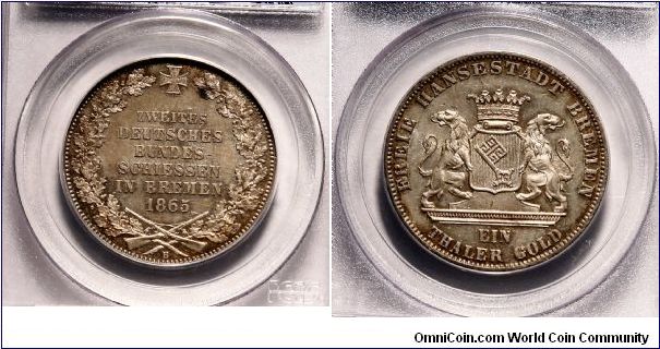 1865 Taler Commemorative from Bremen

Subject: 2nd German Shooting Fest. held in Bremen
PCGS MS-64
