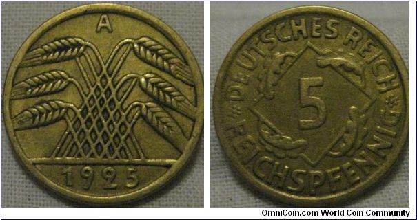 EF 1925 5 pfennig A, nice grade for the year
