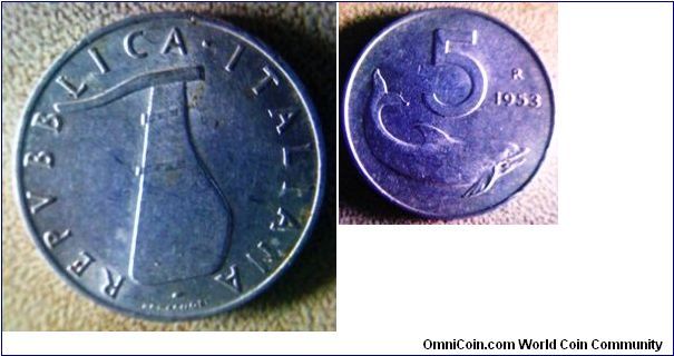 Hard to find 1953 Italian 5 lire Aluminum coin, grey color, blue tint is sky sunlight on late afternoon sun, 
nice Whale on Rev
20mm diameter