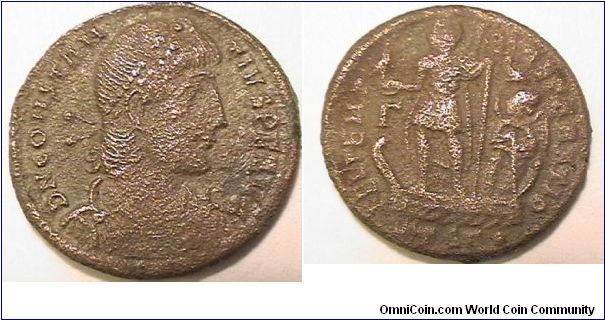 Emperor Constantius II 337-361 AD, DN CONSTANTIVS PF AVG, FEL TEMP REPATIO, AE3, TS(Thessalonica mint) overcleaned.