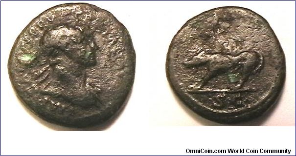 Emperor Trajan, 98-117 AD,
IMP CAES NERVA TRAIAN AVG, SC,
Wolf standing left, AE- Quadrans