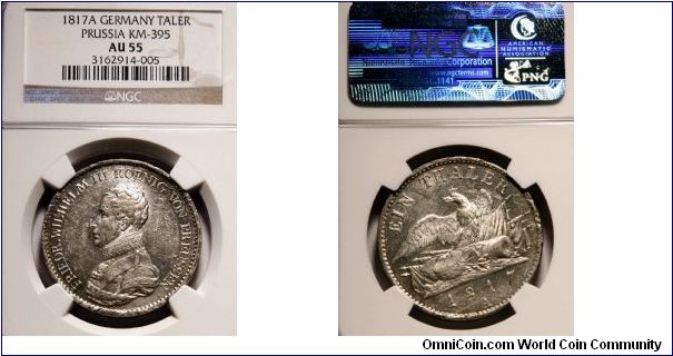 1817 Prussian 1 Taler

NGC AU-55

coin has file adjustment marks which is common during this period.