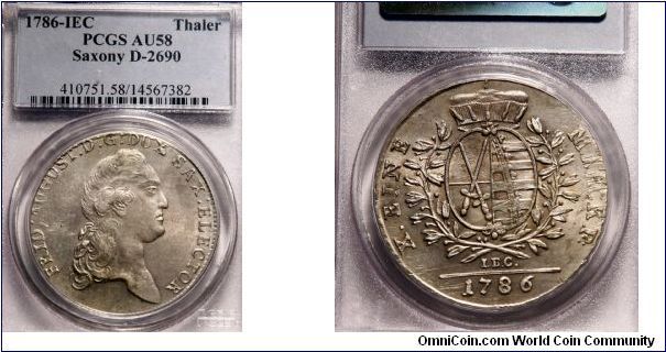 1786 Saxony 1 Taler

PCGS AU-58
coin has file adjustment marks which is common during this time period
