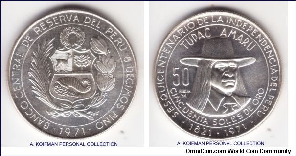 KM-256, 1971 LIMA 50 Soles; commemorative issue celebrating 150'th anniversary of independence with Tupac Amaru on reverse; reeded edge, silver; average uncirculated, mintage 100,000