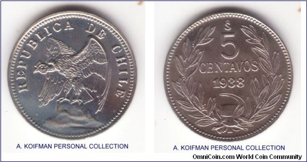 KM-165, 1938 Chile 5 centimos; plain edge, copper nickel; uncirculated