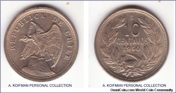 KM-166, 1940 Chile 10 centavos; plain edge, copper nickel; uncirculated