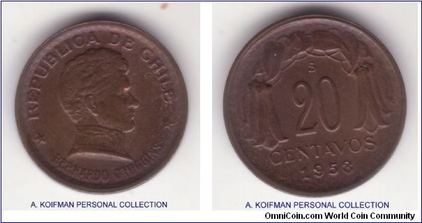 KM-177, 1953 Chile 20 centavos; copper, plain edge; extra fine to about uncirculated but crudely struck, brown