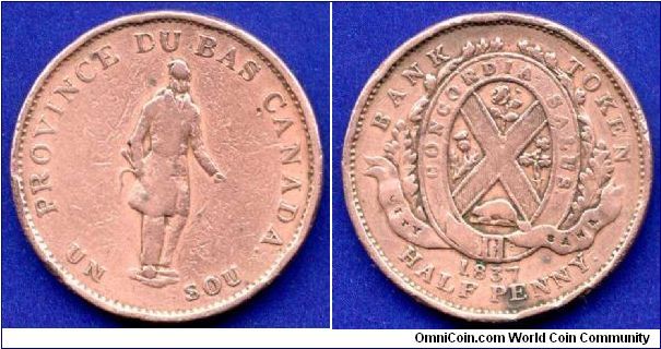 Half penny / 1 sou - City Bank Token.
Province du Bas Canada.


Cu.