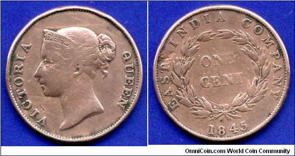 1 cent.
East India Company.
Victoria (1837-1901) Queen.
Mintage 18,526,000 units.


Cu.