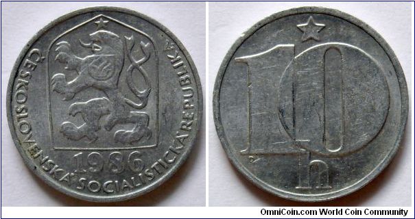 10 haleru.
1986, Aluminum.
Czechoslovakia