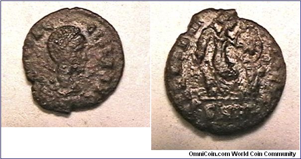 Empress Aelia Flaccilla, wife of Theodosius I, died 386 AD, Victory seated right holding a shield with ChiRho on column, AE$ 14mm