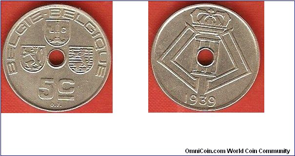5 centimes
3 provincial shields
monogram of king Leopold III
nickel-brass