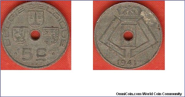 5 centimes
3 provincial shields
monogram of king Leopold III
Flemish version
German Occupation WW II
zinc