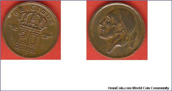 20 centimes
French version
CENTIMES not touching rim
miner with miner's lamp
bronze