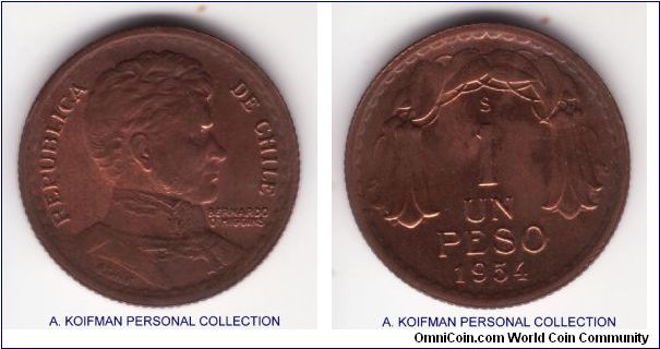 KM-179, 1954 Chile peso; copper, reeded edge; uncirculated or very close to specimen with the tinted drak red glare, nice.