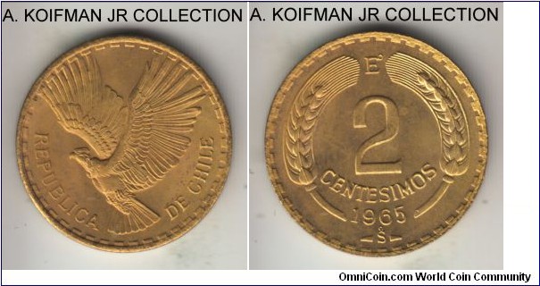 KM-193, 1965 Chile 2 centesimos; aluminum-bronze, plain edge; common but nice bright uncirculated.