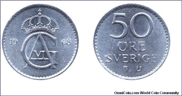Sweden, 50 öre, 1968, Cu-Ni, from Gustaf Adolf VI (1950-1973).                                                                                                                                                                                                                                                                                                                                                                                                                                                      