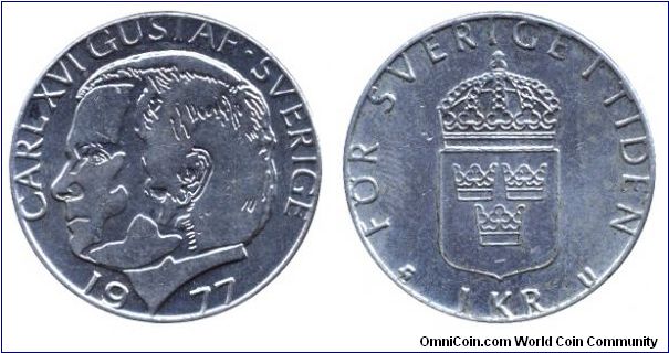 Sweden, 1 krona, 1977, Cu-Ni, King Carl Gustaf XVI.                                                                                                                                                                                                                                                                                                                                                                                                                                                                 