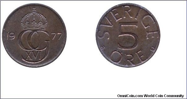 Sweden, 5 öre, 1977, Cu-Sn-Zn, from Carl Gustaf XVI.                                                                                                                                                                                                                                                                                                                                                                                                                                                                