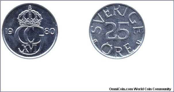 Sweden, 25 öre, 1980, Cu-Ni, from Carl Gustaf XVI.                                                                                                                                                                                                                                                                                                                                                                                                                                                                  