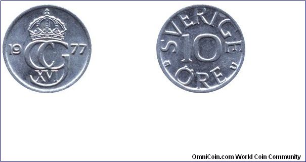 Sweden, 10 öre, 1977, Cu-Ni, from Carl Gustaf XVI.                                                                                                                                                                                                                                                                                                                                                                                                                                                                  