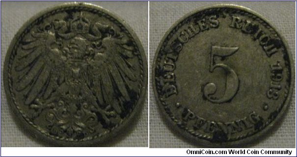 high grade 5 pfennig 1913 dirty