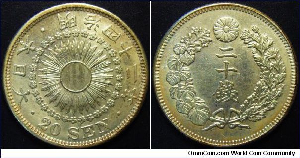Japan 1909 20 sen. Old cleaning but nice example. 4.1grams.