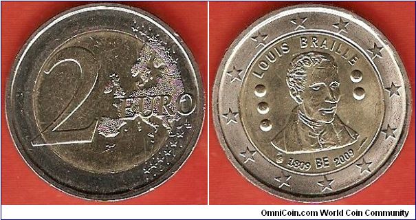2 euro
Louis Braille 1809-2009
This coin shows the mintmarks of the Brussels Mint (angel head) and of the new appointed mintmaster Serge Lesens (feather)
bimetallic coin