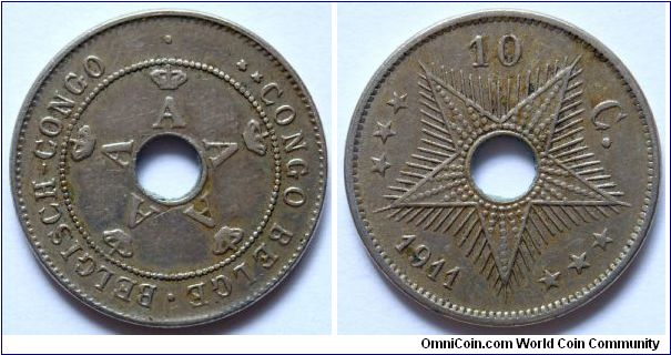 10 centimes.
1911, Belgian Congo