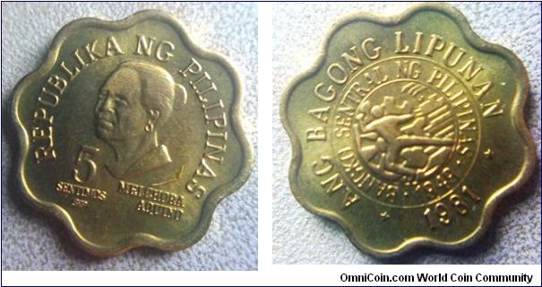 Philippines Brass wavy edged 5 centavo coin about 18mm diameter (20 of these, at that time, buys a hamburger sandwich!)
