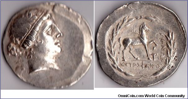 Silver Tetradrachme from the Aeolian city of Kyme circa 165 -140 BC. Obverse bust of the Amazon `Kyme'. reverse notes `Mitrophanis' as being the city magistrate at that time.