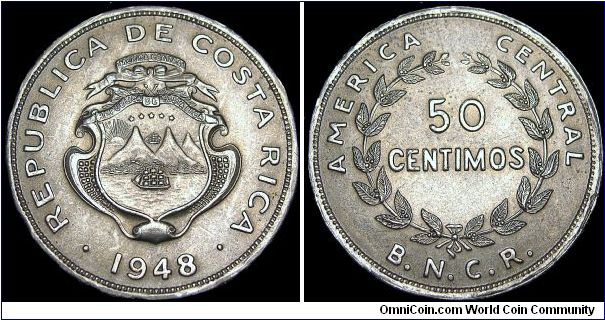 Costa Rica - 50 Centimos - 1948 - Weight 7,0 gr - Size 26 mm - Copper / Nickel - President / José Figueras Ferrer (1953-58) - Mintage 4 000 000 - Edge lettering : BNCR (Repeated) - Reference KM# 182 (1948)