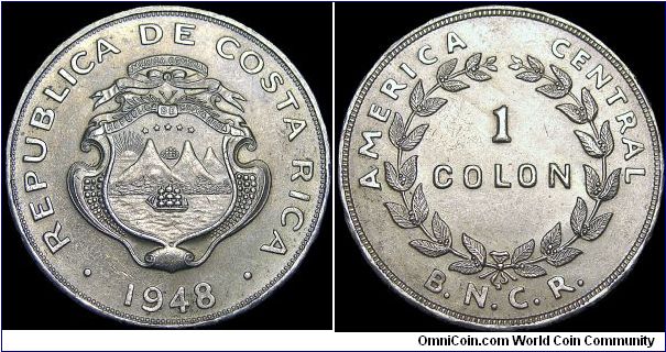 Costa Rica - 1 Colon - 1948 - Weight 10 gr - Size 29 mm - Copper / Nickel - President / José Figueras Ferrer (1953-58) - Mintage 1 350 000 - Edge lettering : BNCR (Repeated) - Reference KM# 177 (1937-48