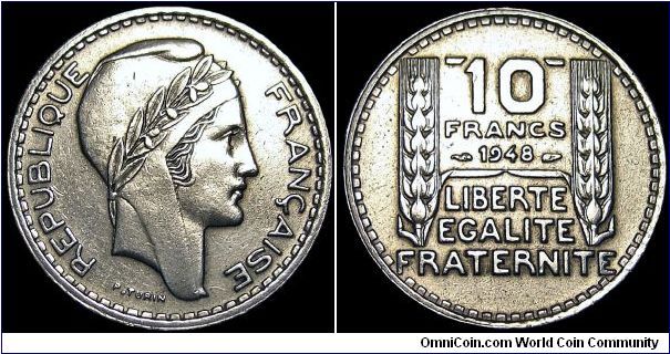 France - 10 Francs - 1948 - Weight 7,2 gr - Copper / Nickel - Size 26 mm - President / Vincent Auriol - Designer / P Turin - Mintage 155 945 000 - Reference KM# 909.1 (1947-49)