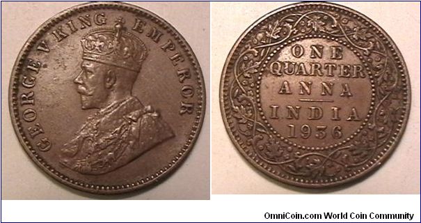 British India, 1 Quarter Anna 1936 (c) Calcutta mint